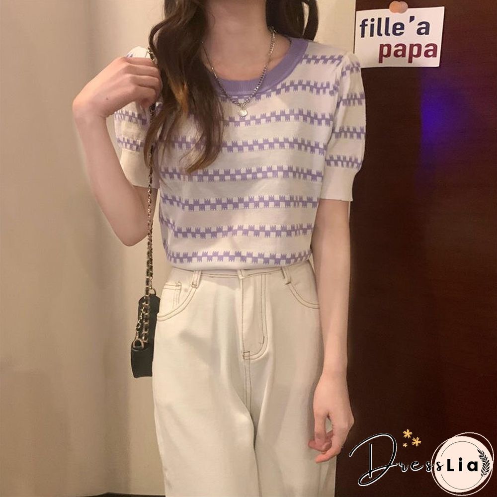 Summer New Korean Version Loose And Thin Design Striped Short-sleeved Knitted Shirt Women