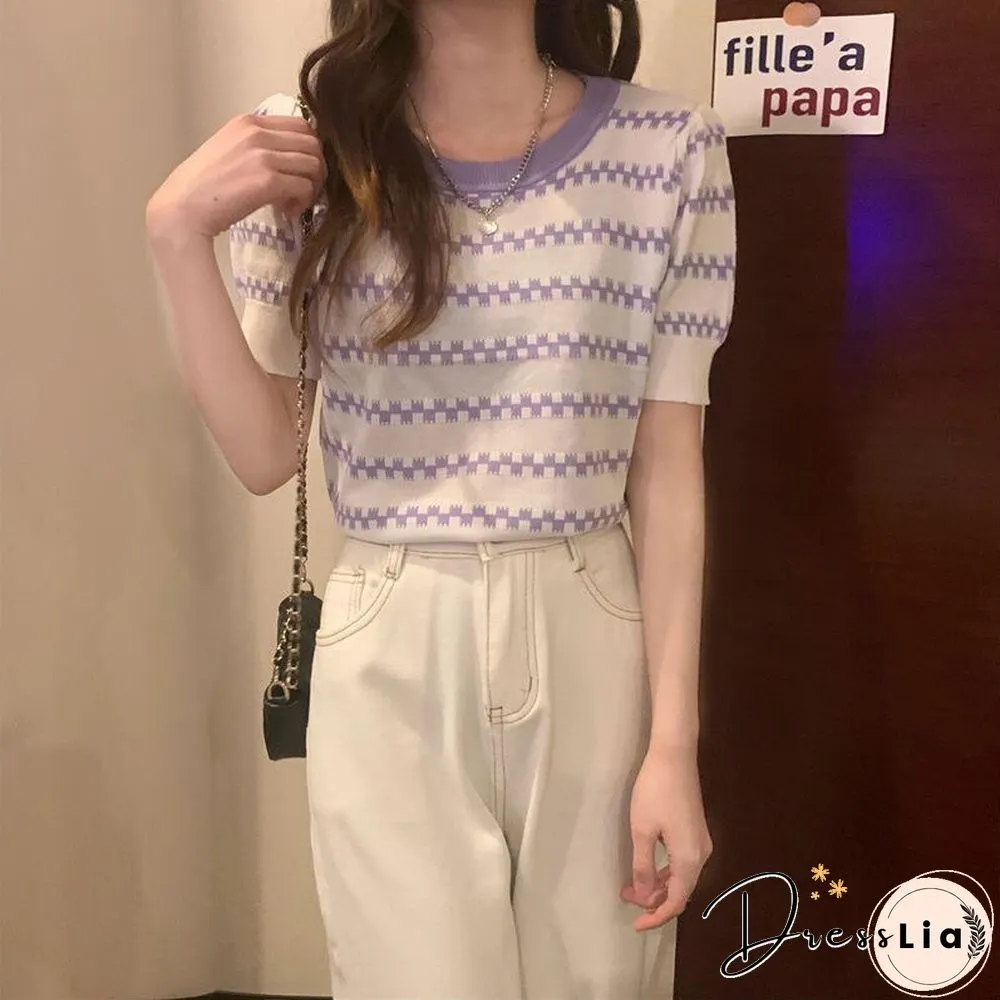 Summer New Korean Version Loose And Thin Design Striped Short-sleeved Knitted Shirt Women