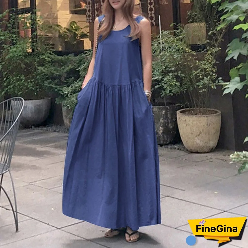 Women Sleeveless Casual Party Holiday Long Shirt Dress O Neck Denim Tank Maxi Sundress