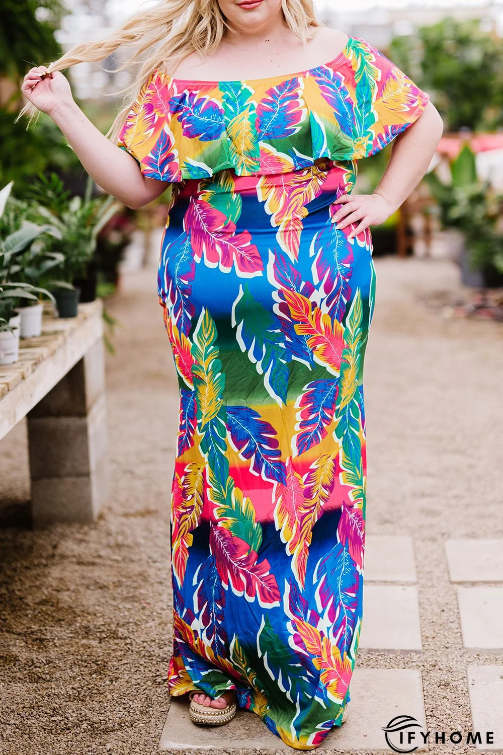 Green Plus size Tropical Palms Mermaid Dress | IFYHOME