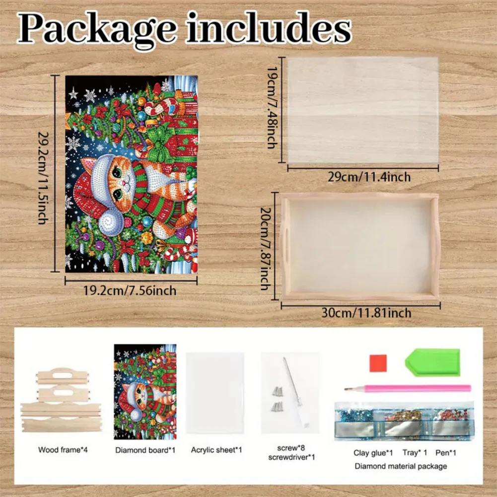 5D DIY Wooden Christmas Cat Tree Diamond Painting Serving Tray for Home Decor