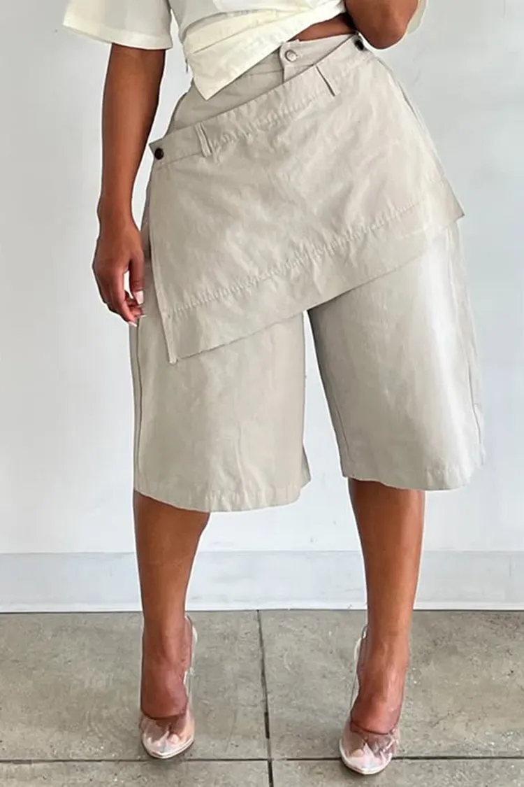 Plus Size Business Casual Ivory Asymmetric Hem Pocket Capri Pants [Pre-Order] 2024 - Xpluswear