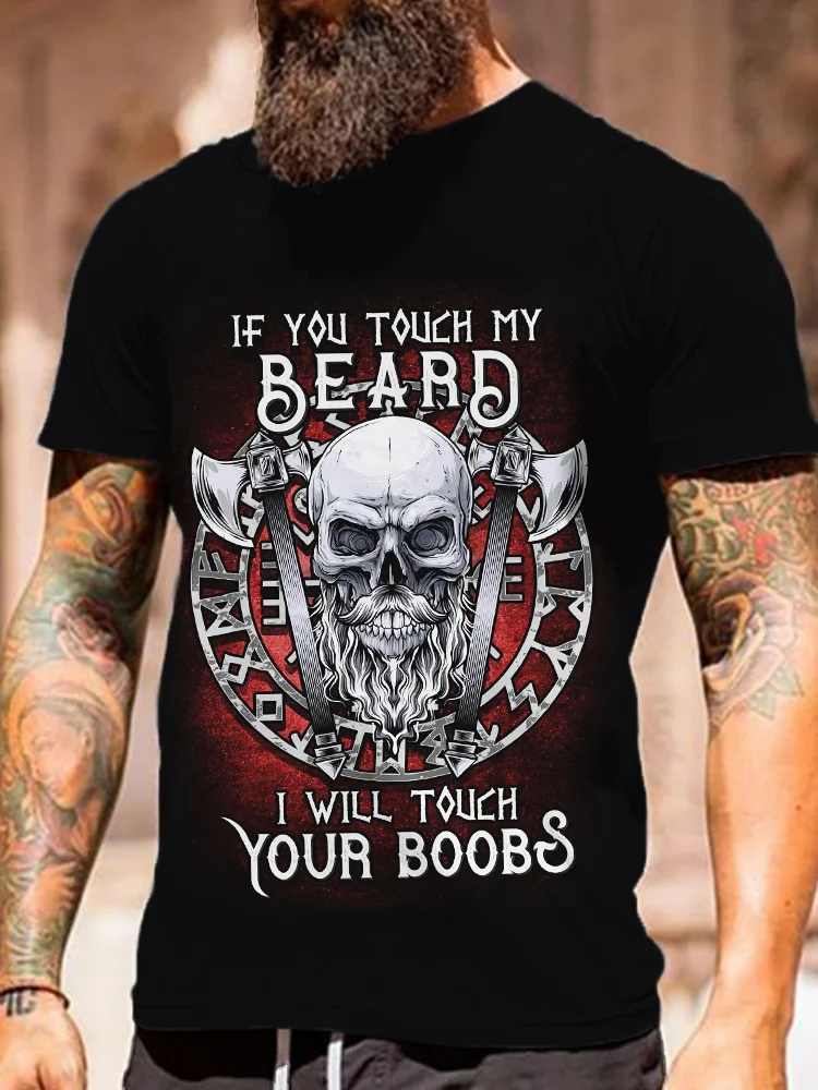 Broswear Men's Viking Beard Skull Runes Short Sleeve T Shirt