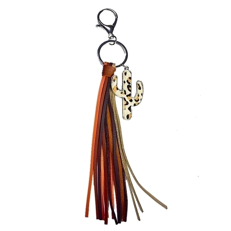 Ethnic Style Cactus Alloy Leather Tassel Bag Pendant Keychain