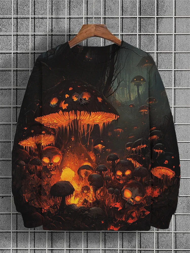 Men's Gothic Dark Art Mushroom Skull Print Casual Sweatshirt