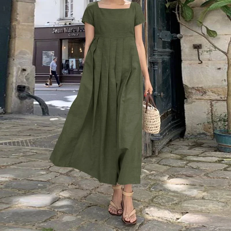 Women Elegant Short Sleeve Beach Dress 2022 ZANZEA Fashion Summer Square Neck Party Midi Sundress Casual Solid Vestidos Kaftan