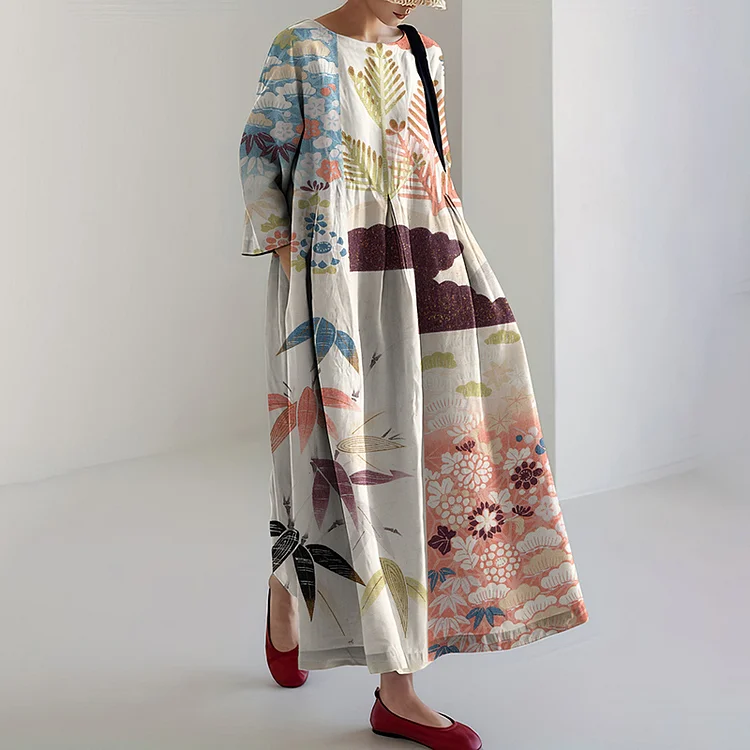 Women Japanese Art Flower Splicing Linen Blend Maxi Dress