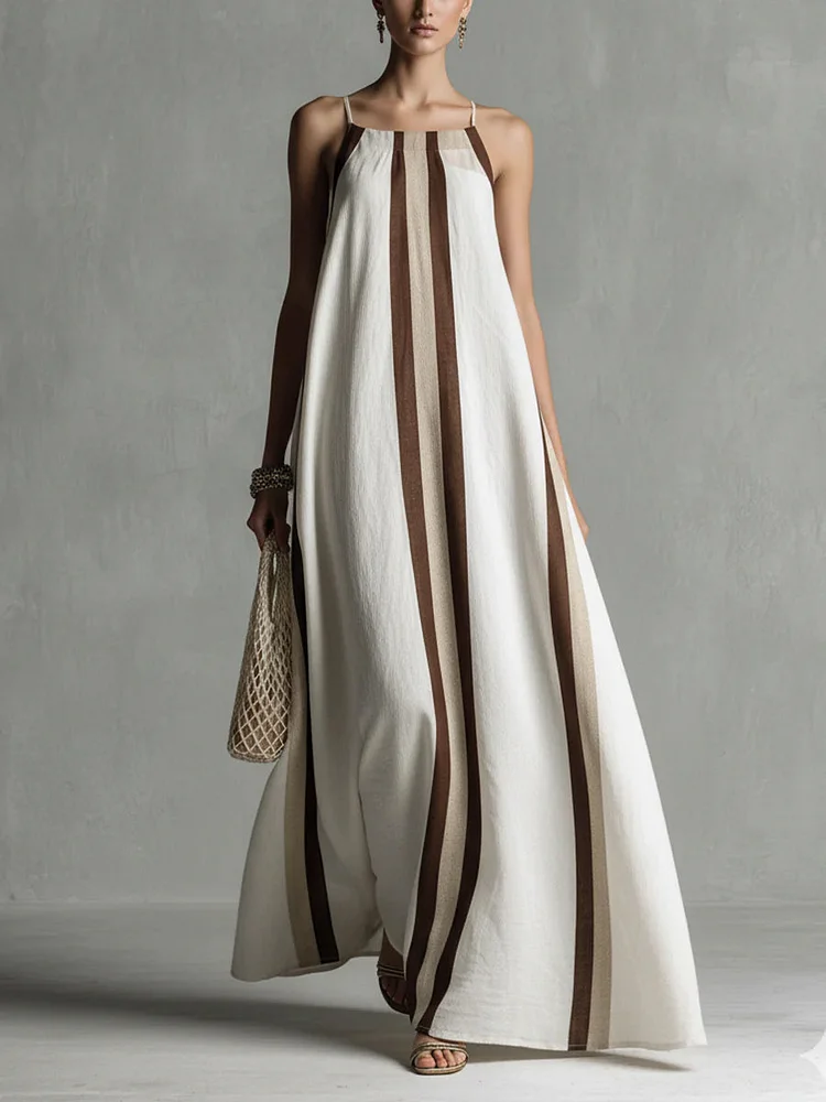 Casual Striped Linen And Cotton Maxi Sleeveless Dress