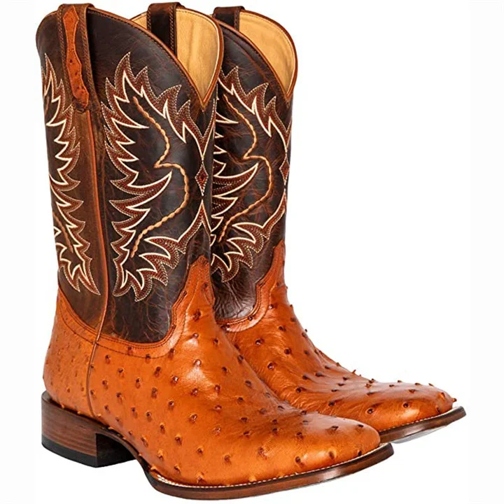 Men's Retro Exotic Square Toe Western Cowboy Boots  Stunahome.com