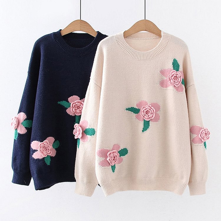 Vintage Rose Embroidery Round Collar Sweater - Modakawa modakawa 