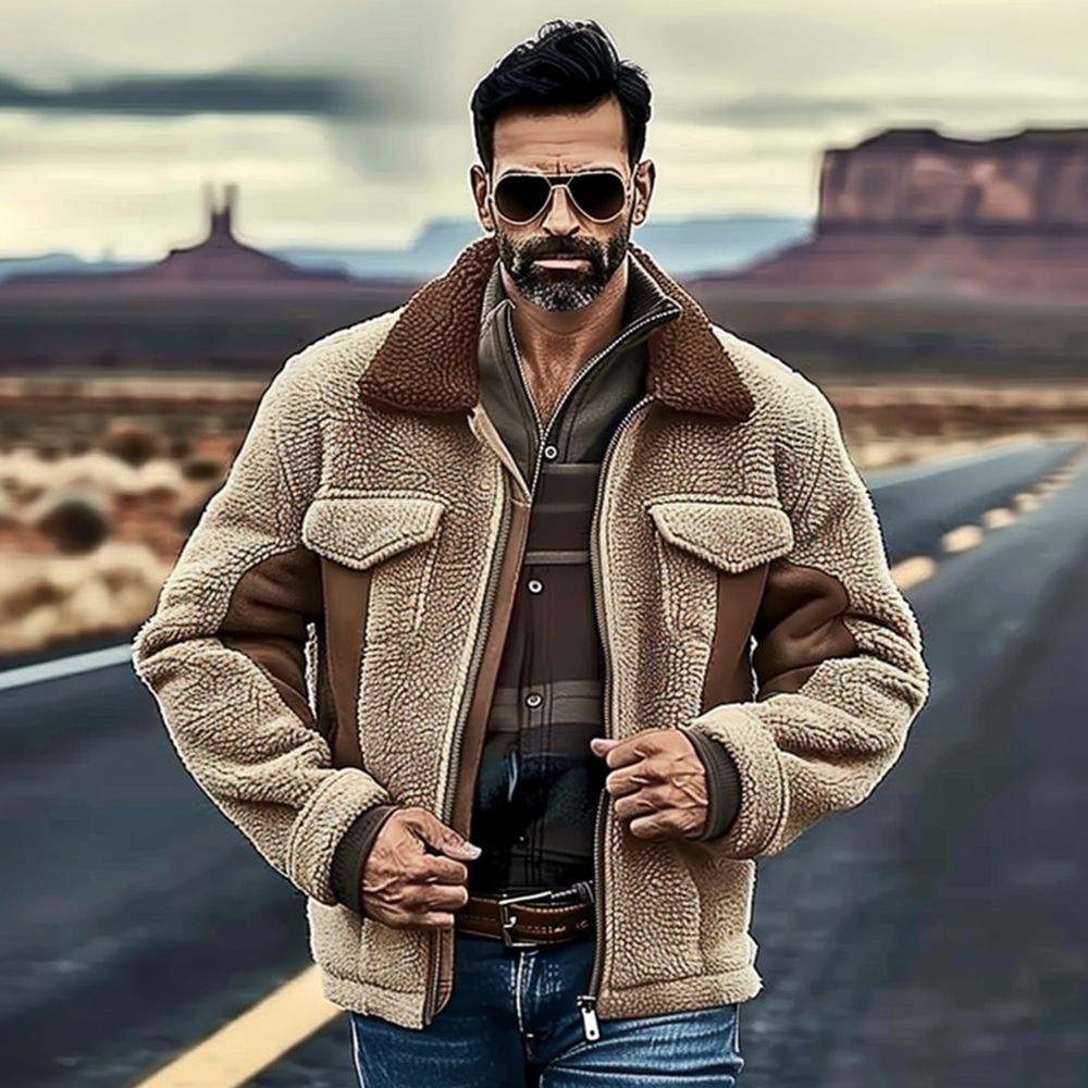 Vintage Lambswool Patchwork Leather Lapel Outdoor Warm Jacket