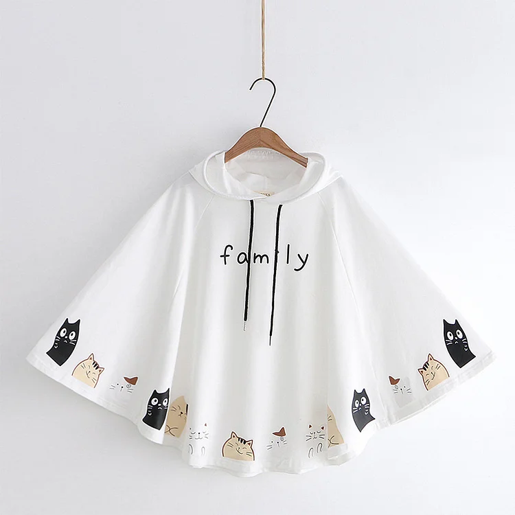 Cartoon Cat Letter Print Bat Sleeve Hooded Cloak  - Modakawa Modakawa