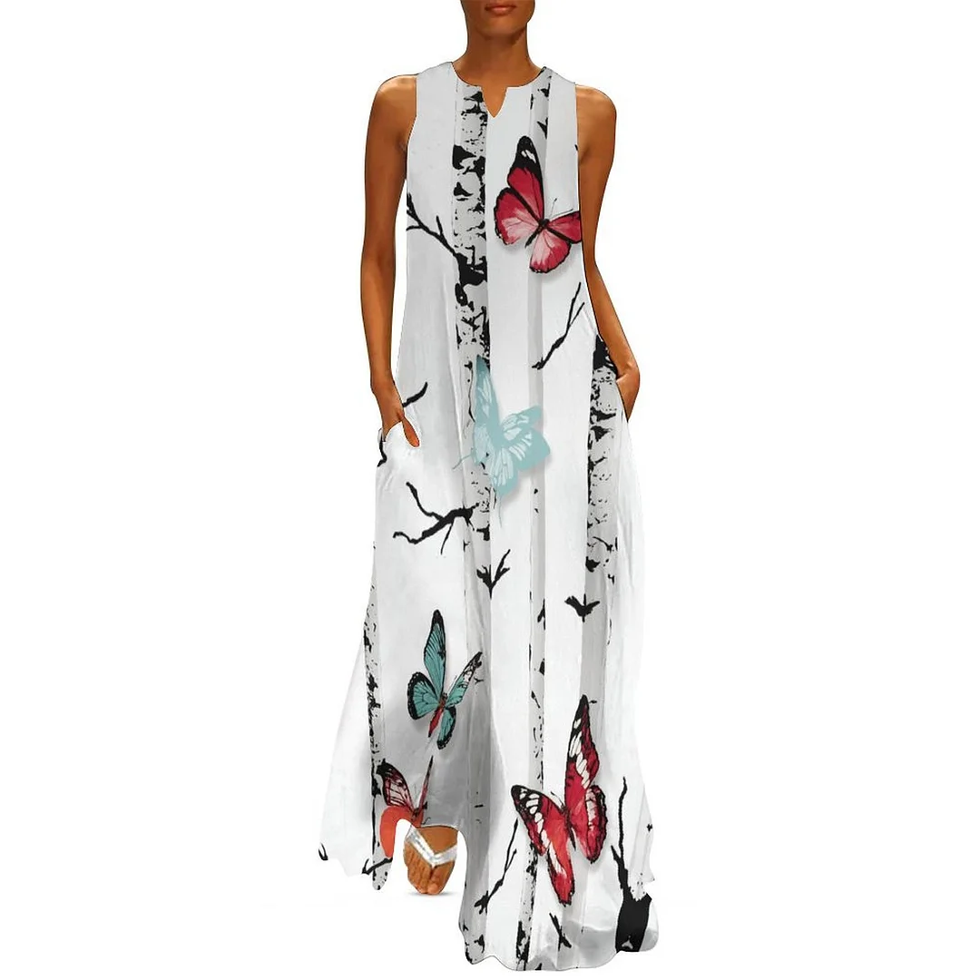 Style & Comfort for Mature Women Plus Size Printed Sleeveless Casual Women Maxi Dress with Pockets in Pattern Colorful, Brown, Butterfly