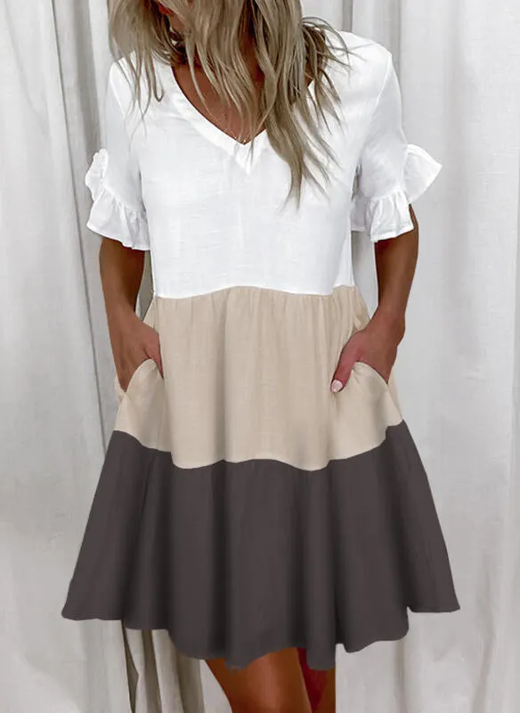 Brownm Regular Sleeve Fashion Short Printed Ruffle Pocket Dress