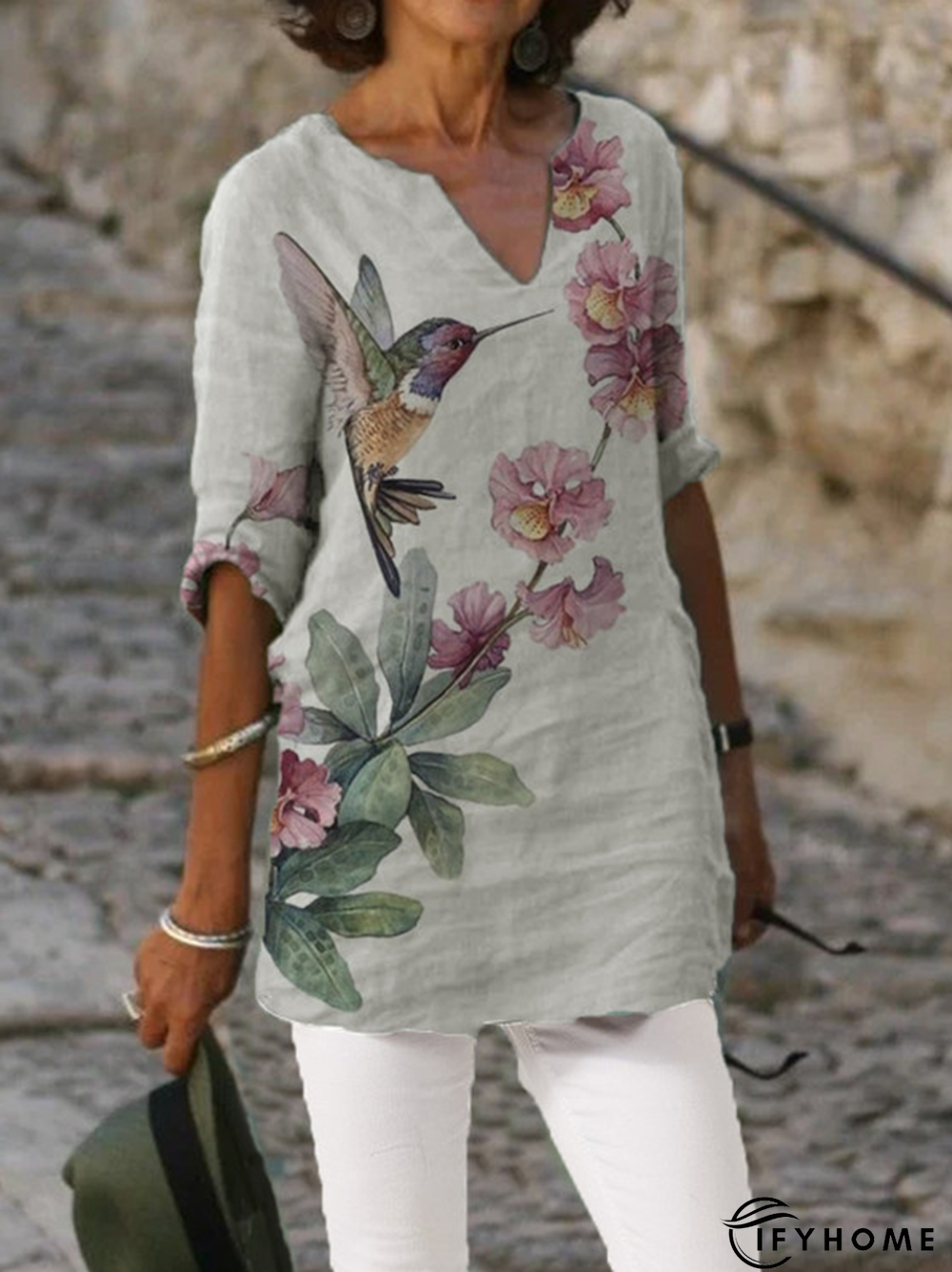 Half Sleeve V Neck Casual Floral-print Top | IFYHOME