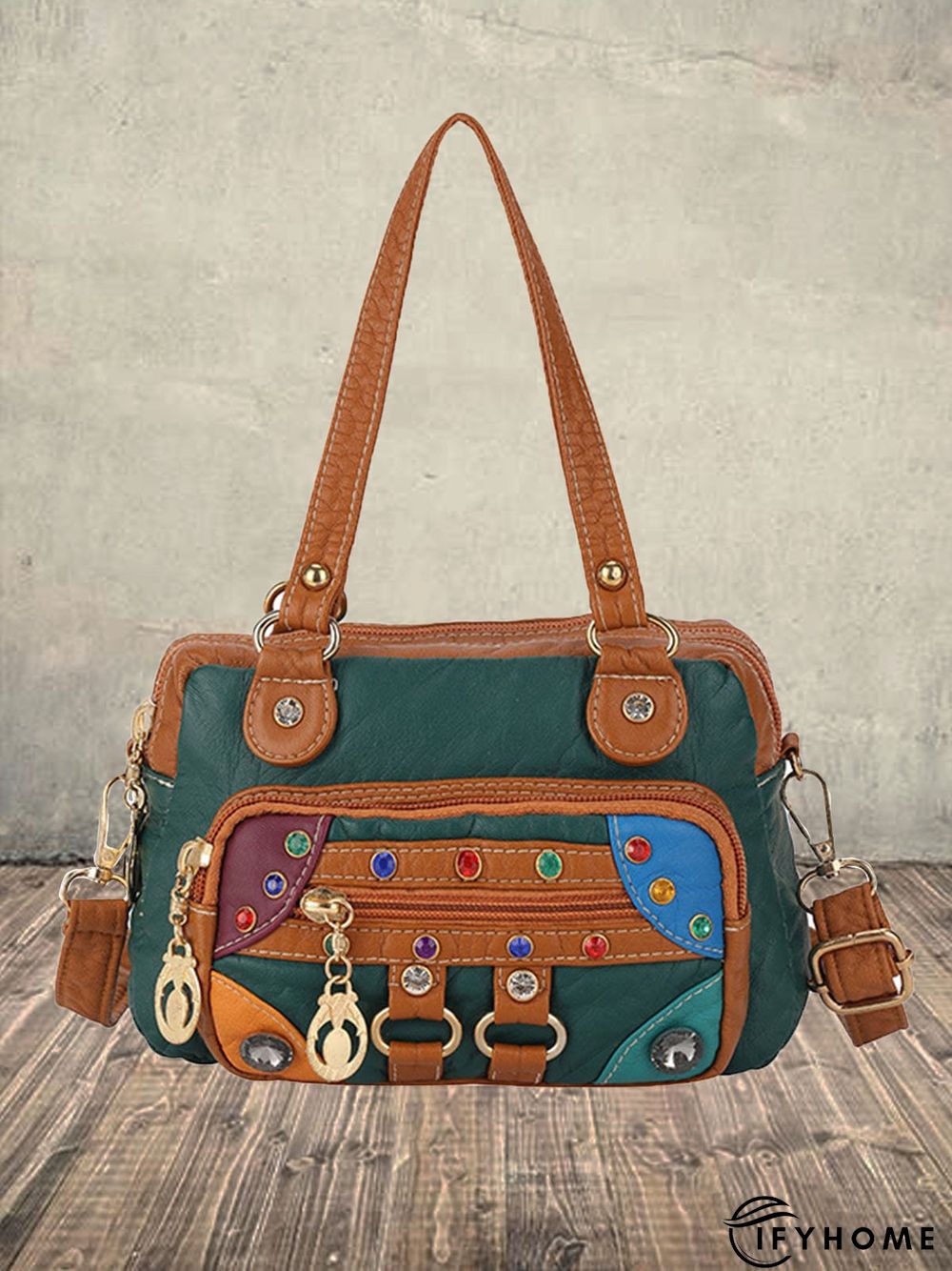 Retro Ethnic Style Mosaic Rhinestone Zipper Messenger Bag | IFYHOME