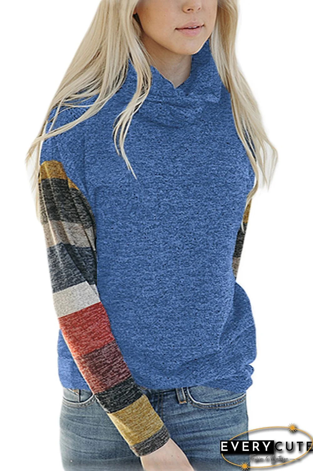 Color Blocked Long Sleeve Blue Cowl Neck Sweatshirt