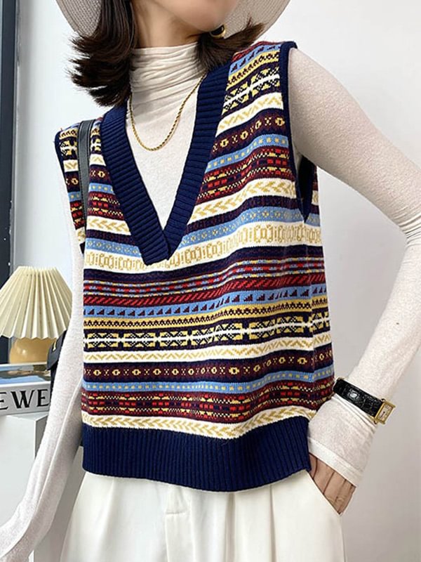 Vintage Ethnic Printed V-Neck Sleeveless Knitting Vest