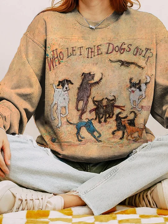 Who Let The Dogs Out Vintage Print Casual Cozy Sweatshirt