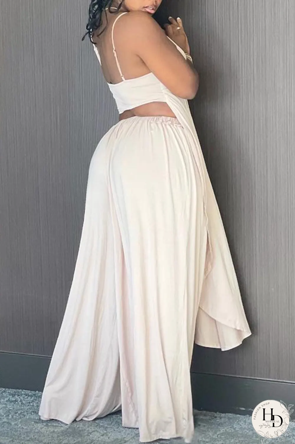 Apricot Sexy Solid Patchwork Spaghetti Strap Sleeveless Two Pieces