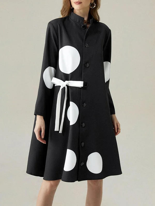 Long Sleeves Loose Asymmetric Buttoned Polka-Dot Tied Mock Neck Midi Dresses