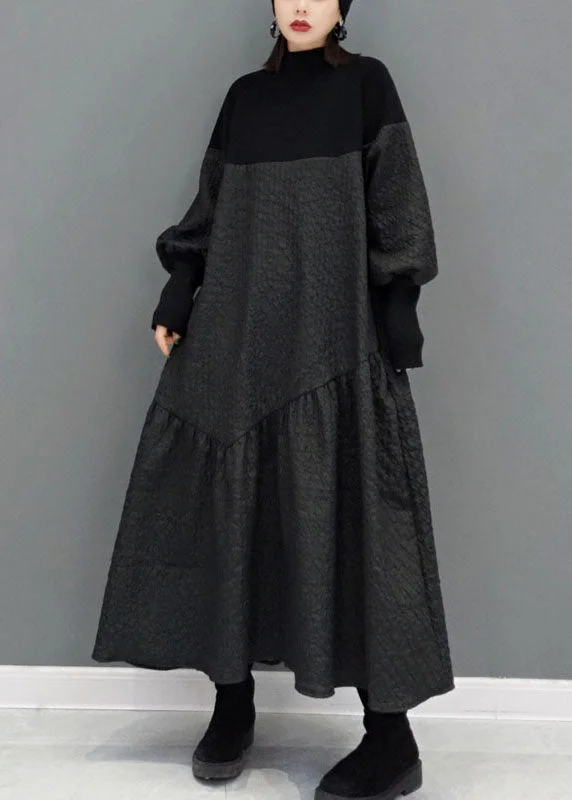 Unique Black Turtle Neck Jacquard Patchwork Knit Dresses
