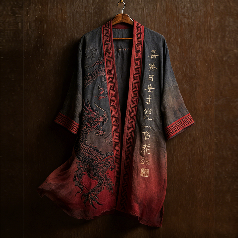 Men's Japanese Dragon Calligraphy Gradient Linen Long Kimono elevenforest