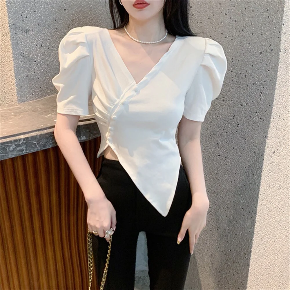 Jangj Alien Kitty Sexy V-Neck Slim Tees Women Hot Puff Sleeve Solid Chic 2022 Summer Fashion New OL Work Wear Office Lady T-Shirts