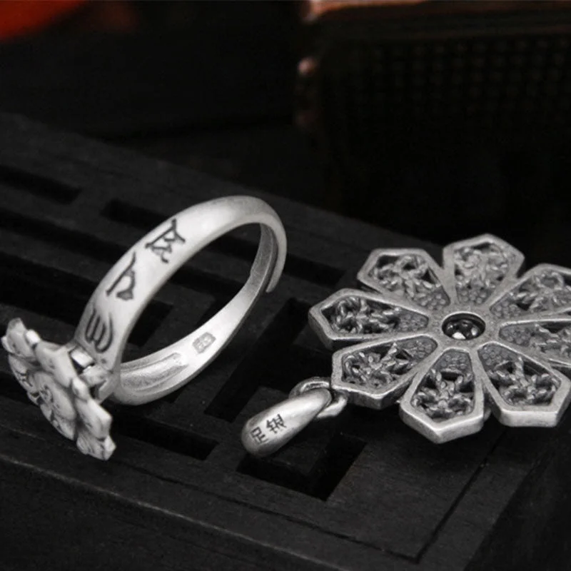 Om Mani Padme Hum Lotus 999 Sterling Silver Swastika Purity Rotatable Necklace Ring