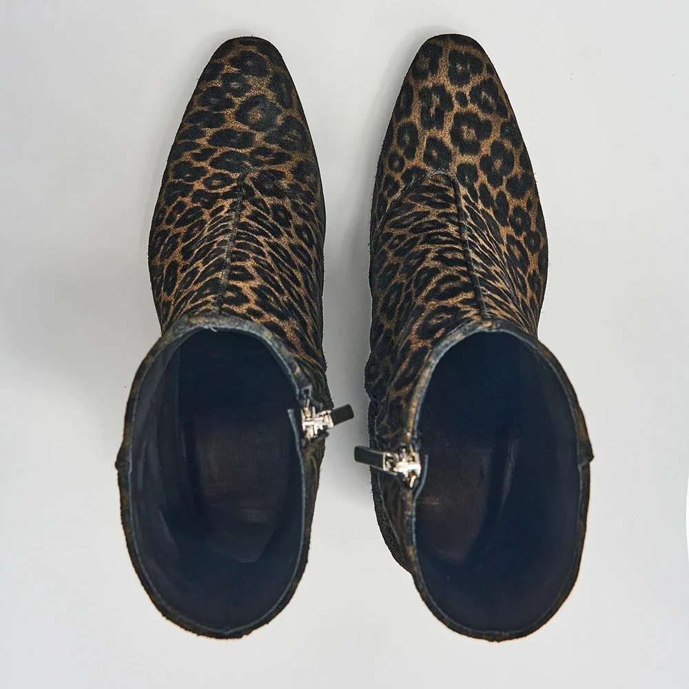 Black & Tan Leopard Pattern Chunky Heel Boots with Ankle Length