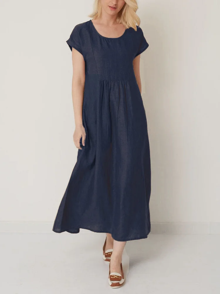 Short Sleeve Mid Length Cotton Linen Dress