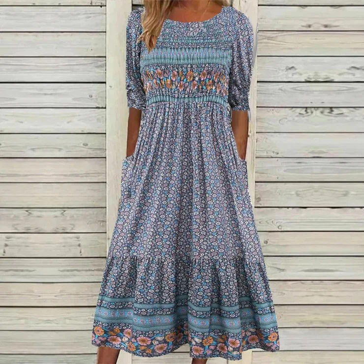 VChics Ethnic Print Stylish Slim Women Boho Midi Dress