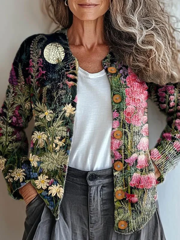 Women's Vintage Lovely Floral Art Print Buttoned Cardigan Sweater