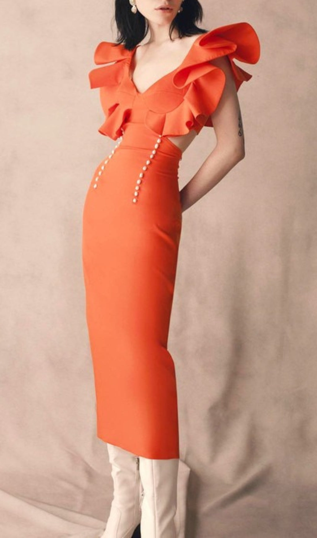 Blanchard Orange Ruffle Sleeve Midi Dress Flowering Girl