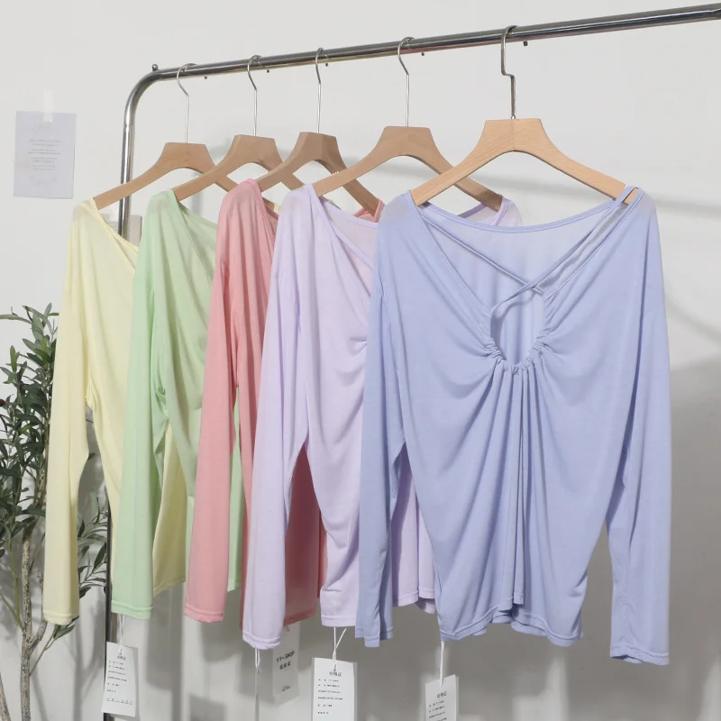 Brownm Real Shot Tiansi Mask Bare Back Long Sleeve Sunscreen Back Cross-Section Thin T-Shirt Shirt Top Woman 85830