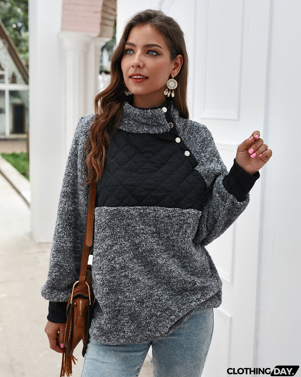 Sweatshirts Women Long Sleeve Patchwork Color Fahsion Autumn Winter Pullover Black Ladies Plush Warm Tops Clothing