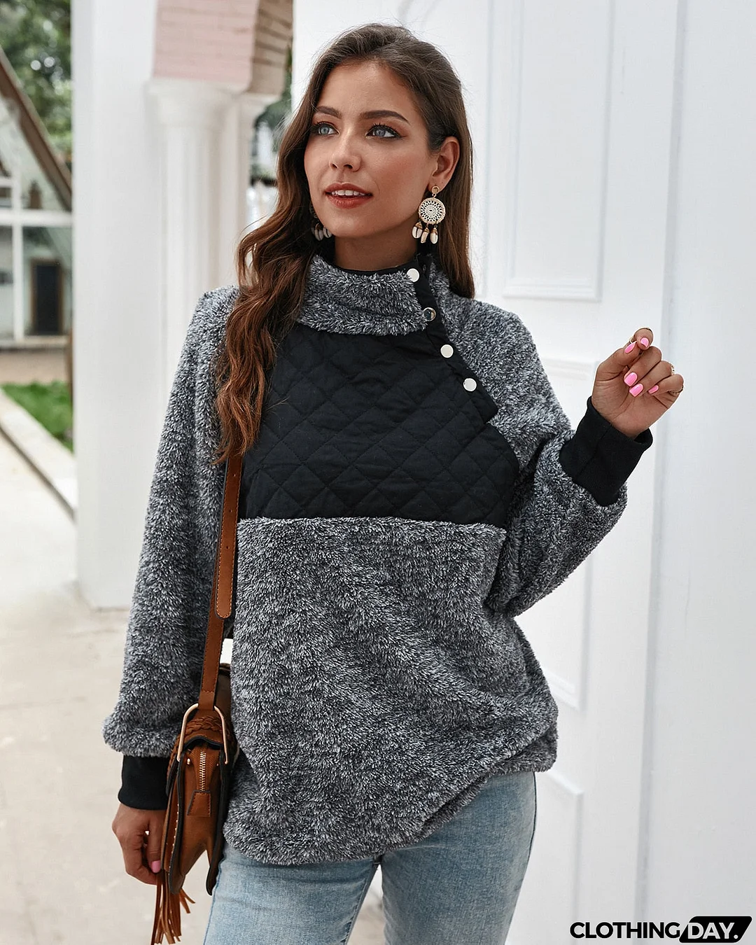 Sweatshirts Women Long Sleeve Patchwork Color Fahsion Autumn Winter Pullover Black Ladies Plush Warm Tops Clothing