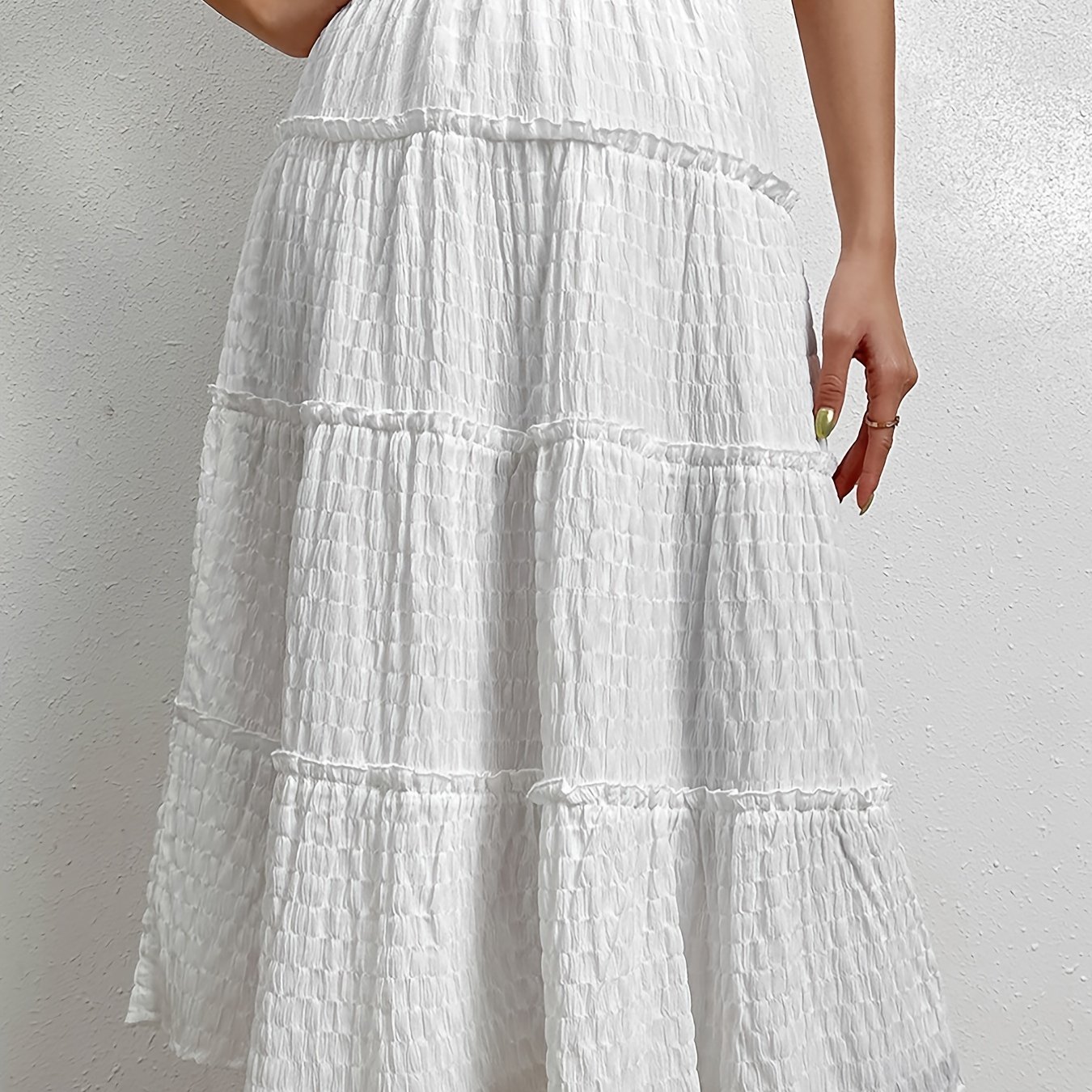 Solid High Waist Elastic Tiered Skirts, Elegant Ruffled Hem Layered Maxi Skirts For Spring & Summer , Women's Clothing