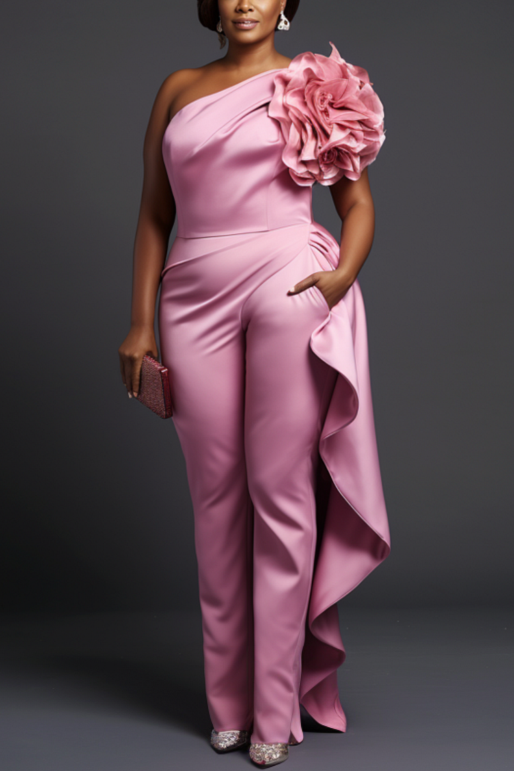 Xpluswear Design Plus Size Formal Pink Elegant One Shoulder 3D Pocket Satin Jumpsuits [Pre-Order]