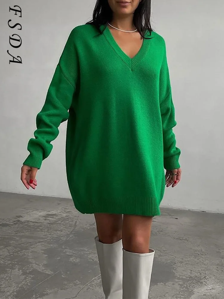 FSDA Y2K Knitted Women Pullover Green V Neck Long Sleeve 2021 Loose Casual Sweater Dress Autumn Winter Oversized Top