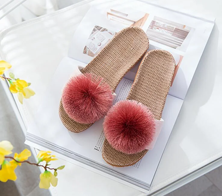 COOLSA Women's New Summer Candy Pompom Flax Slippers Women Furry Breathable Indoor Linen Slippers Fashion Home Slides Wholesale