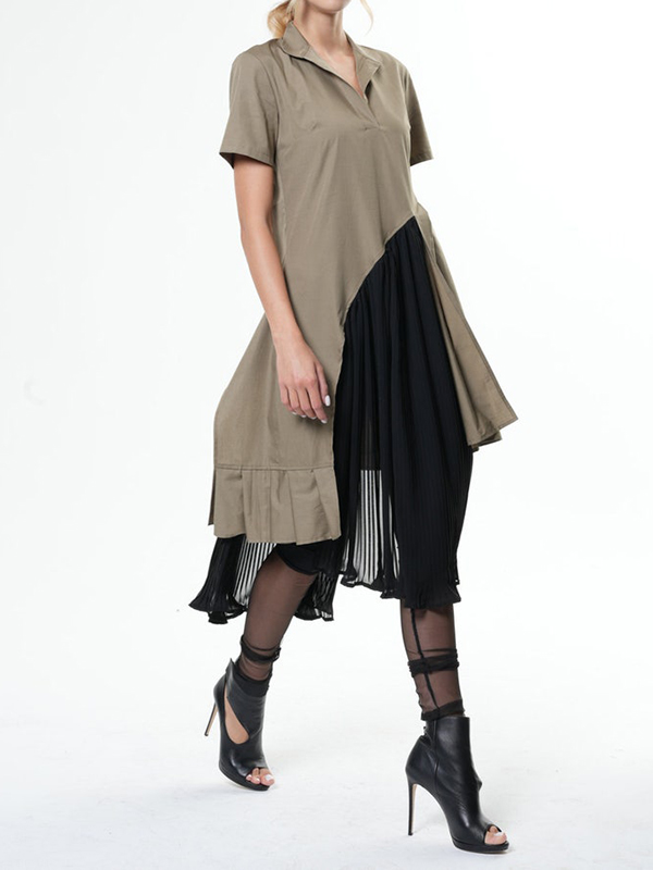 Loose Mock V Neck Asymmetric Pleated Chiffon Shirt