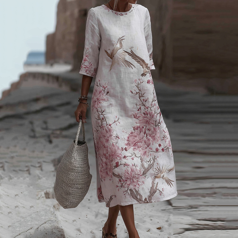 Japanese Plum Blossom Art Embroidered Casual Linen Maxi Dress wearshes