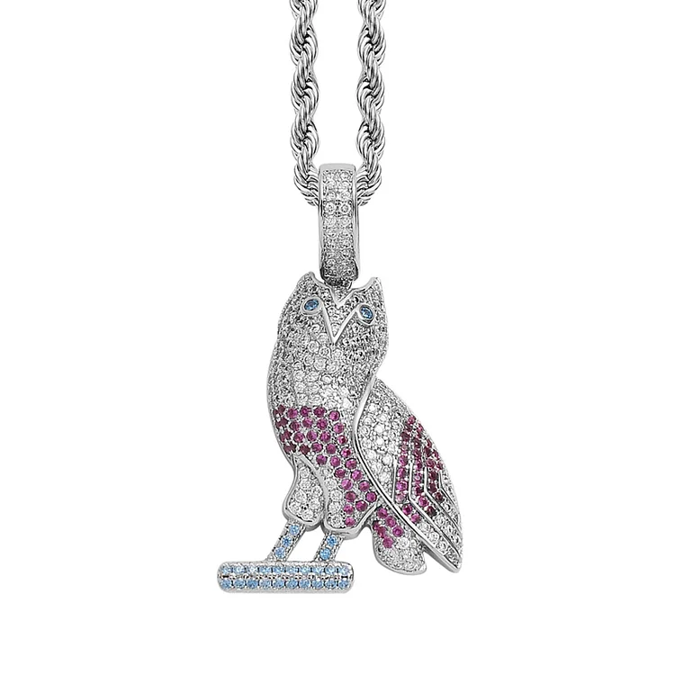 Colorful Iced Out Owl Pendant Animal Necklace Jewelry-VESSFUL