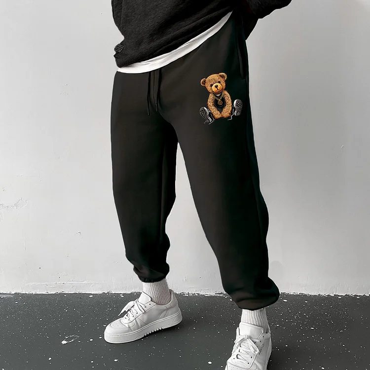Black Teddy Bear Print Casual Sweatpants
