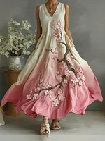 Vintage Cherry Blossoms Embroidered Pattern Linen V Neck Long Dress