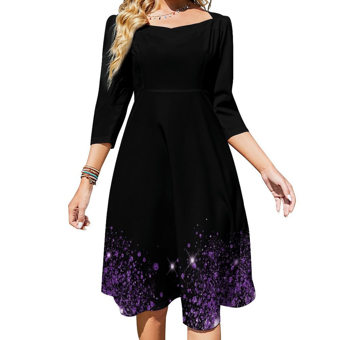 Black Purple Glitter Dust Dress Sweetheart Tie Back Flared 3/4 Sleeve Midi Dresses