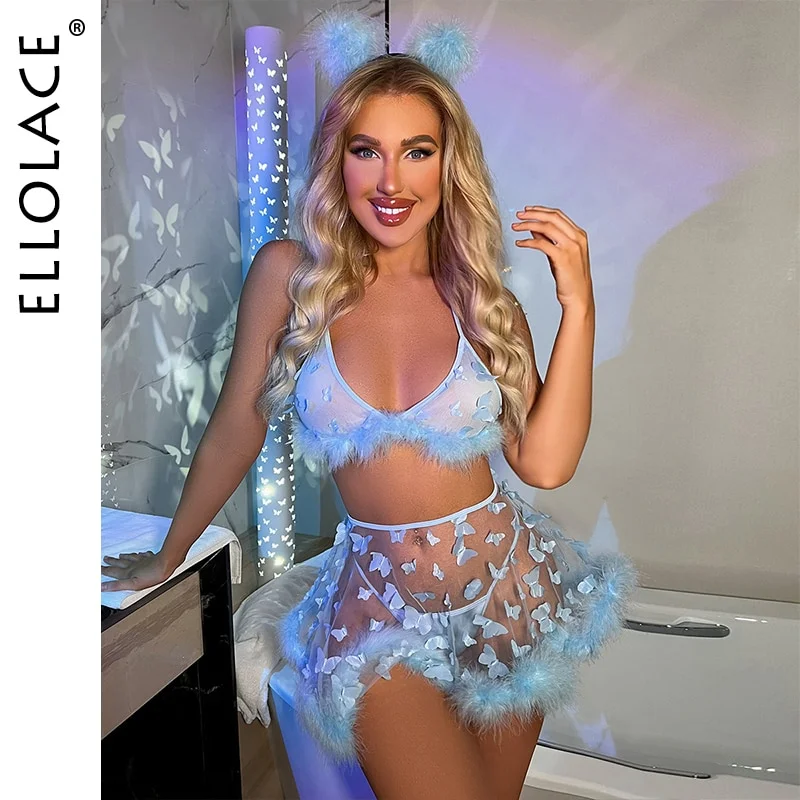 Billionm Feather Lingerie Butterfly Underwear Women Transparent Sexy Without Feeling Purple Thongs 3-Pieces Fancy Lace Intimate