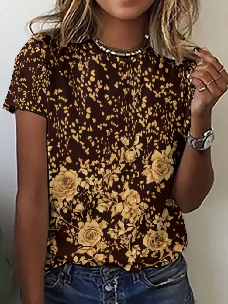 Printed Short Sleeve Casual T-shirt for  Women and Men Unisex Pattern Black,Khaki,Floral