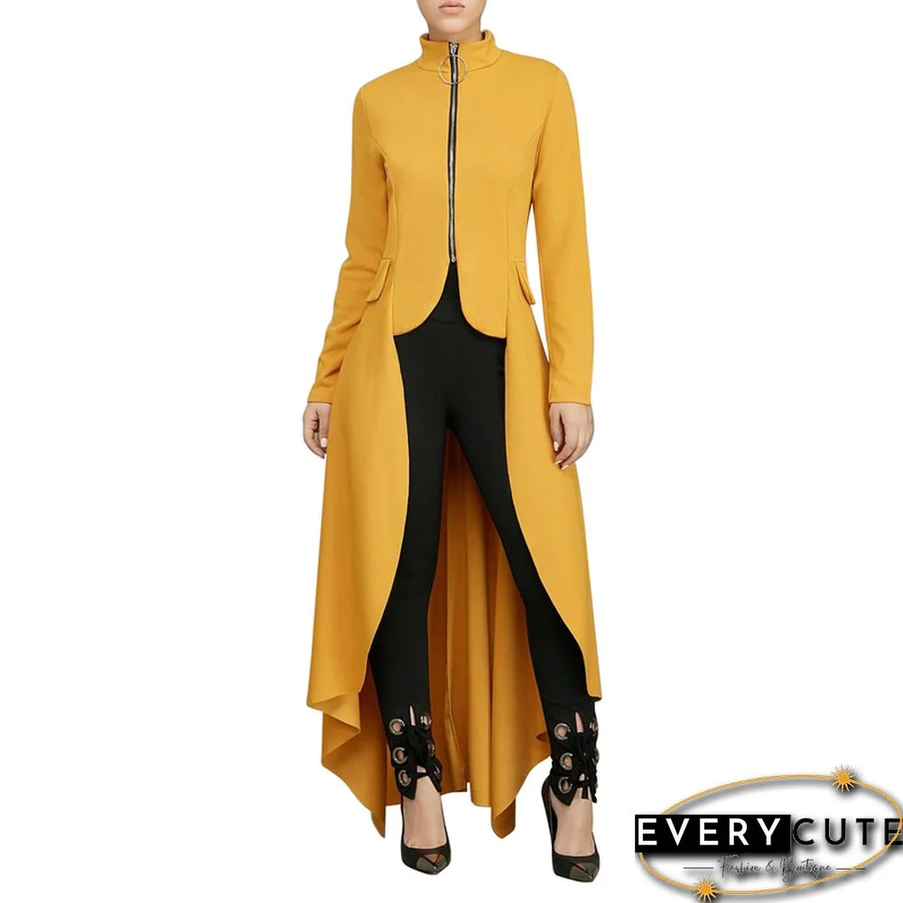Yellow Long Sleeve Front Zipper Casual Dress